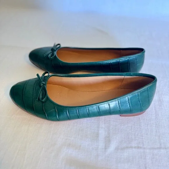J.Crew Emerald Green Leather Ballet Flats Women's Shoes Bow Detail - Picture 2 of 4